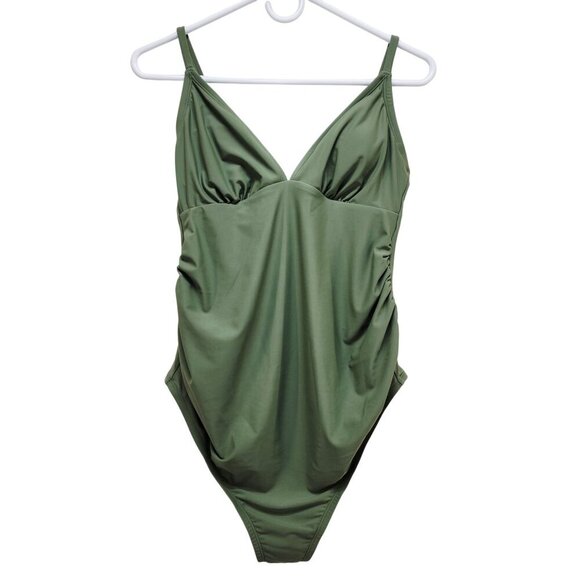 Olive Green One-Piece Swimsuit Adjustable Straps Ruched Design  Size M Womens - Picture 4 of 6
